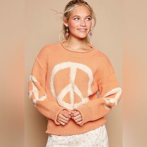 Rolled Edge Oversized Peace Sign Sweater - POL